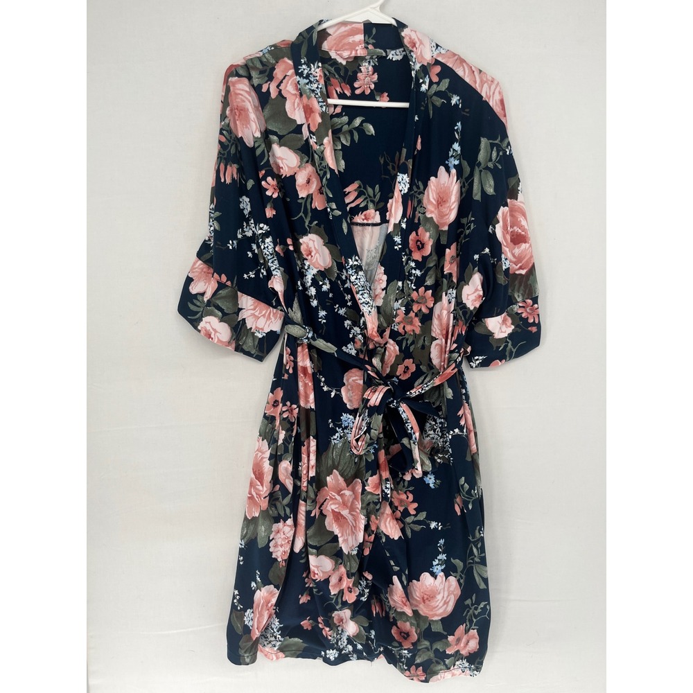 Navy Blue Floral Maternity Lounge Robe Pink Peach Flowers Size S/M WM2000